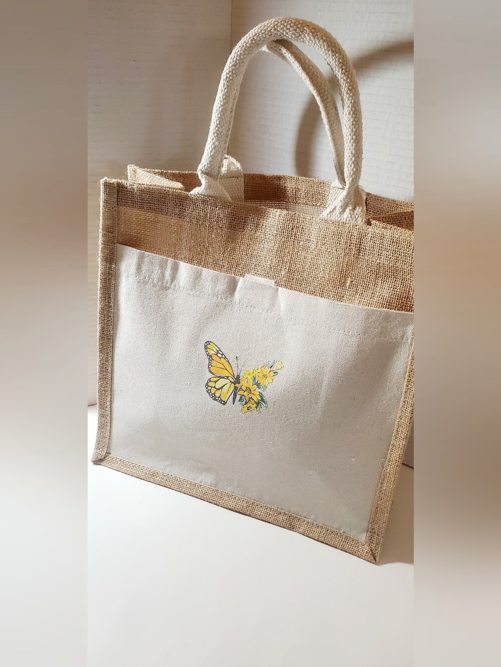 Canvas & Jute Butterfly Tote Bag in Beige and Yellow